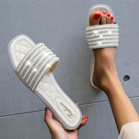 

Summer New Fashion Sequin Pearl Women s Slippers Flat Sandals Large Size