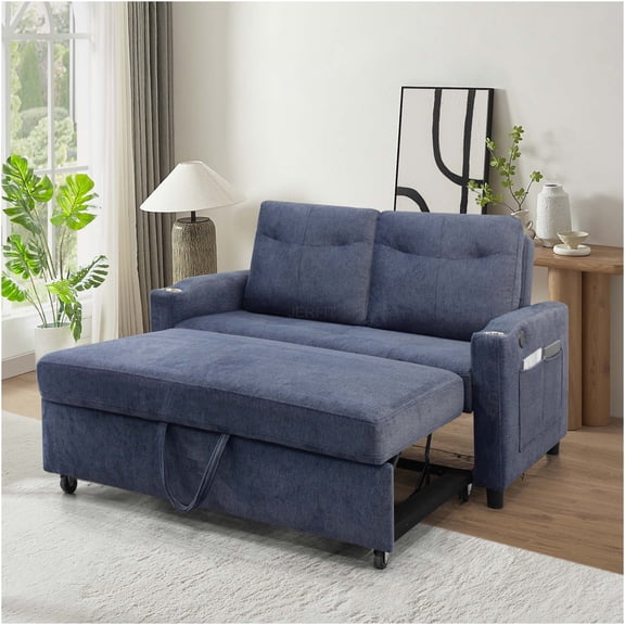 JERFIT Modern Convertible Sleeper Sofa Bed with USB Charger, Velvet Loveseat for Small Space, Pull Out Bed with Storage Pockets and Pillows, Gray