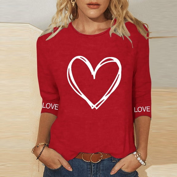 Heart Print Tops for Women Round Neck 3/4 Sleeve Relaxed Fit Blouse Red XXL