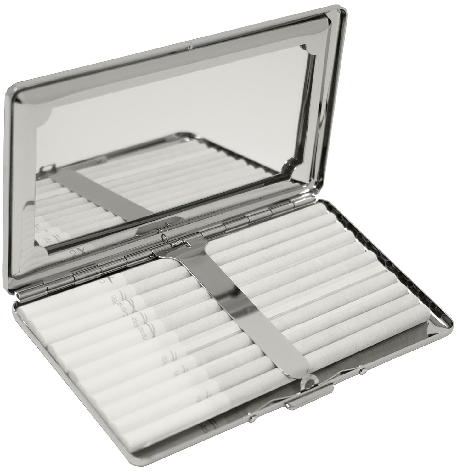 Set of 2 Metal-Plated 120s Compact Cigarette Case & Personal Mirror (Silver Classic)