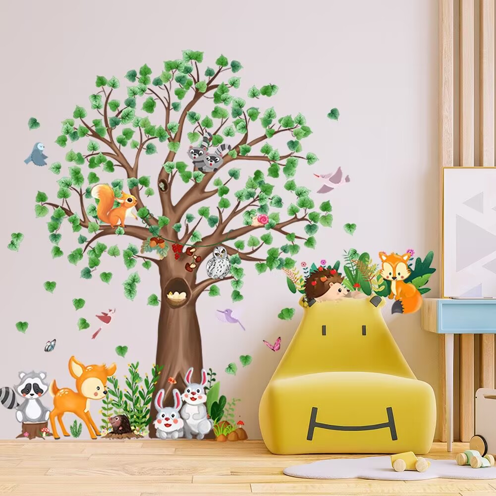 Woodland Animals Wall Decals Large Tree Wall Stickers Bear Fox Deer Wall Decals Rabbit Wall Stickers DIY Peel and Stick Art Decals Baby Nursery Kids Bedroom Toddler Room Wall Decor