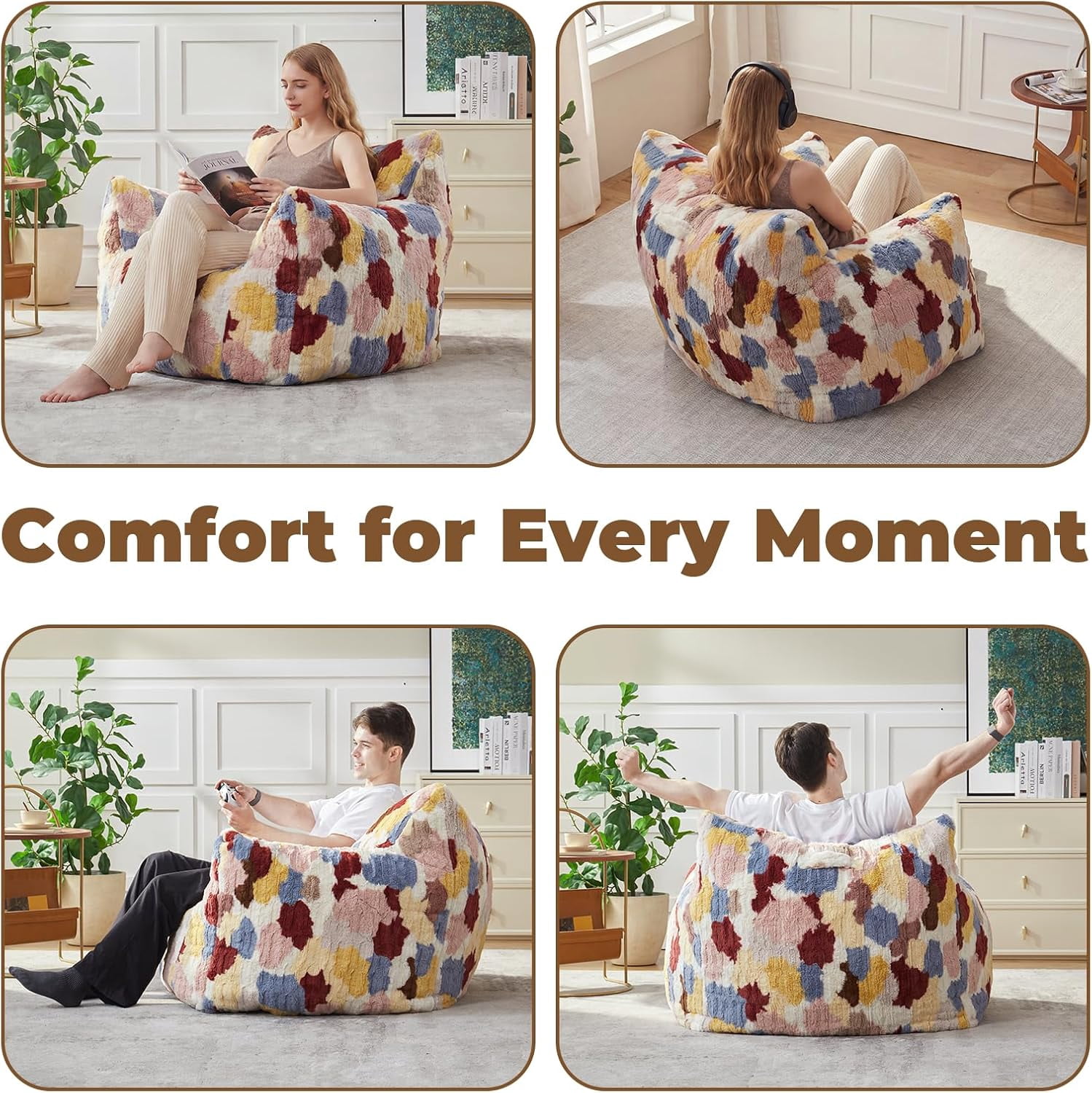 Ebenchico Giant Bean Bag Chair for Adults Teens, Large Bean Bag Couch Sofa with Armrests, Comfy Fuzzy BeanBag Chairs with Filling, Rainbow