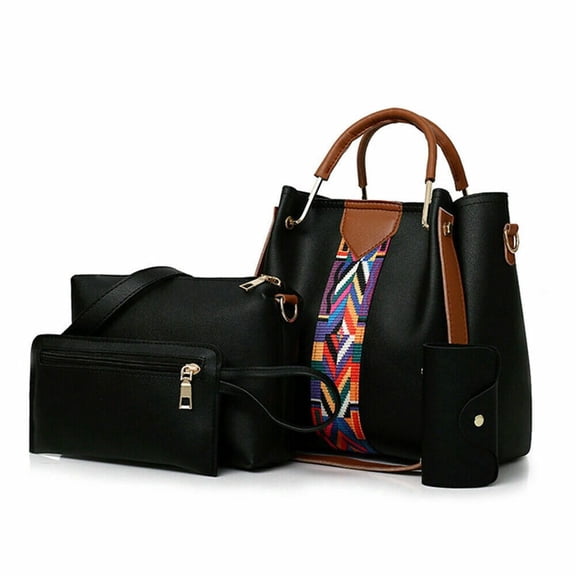 4pcs Set Women Elegant PU Leather Handbag Hoo Satchel Purse Tote Shoulder Bags, Black