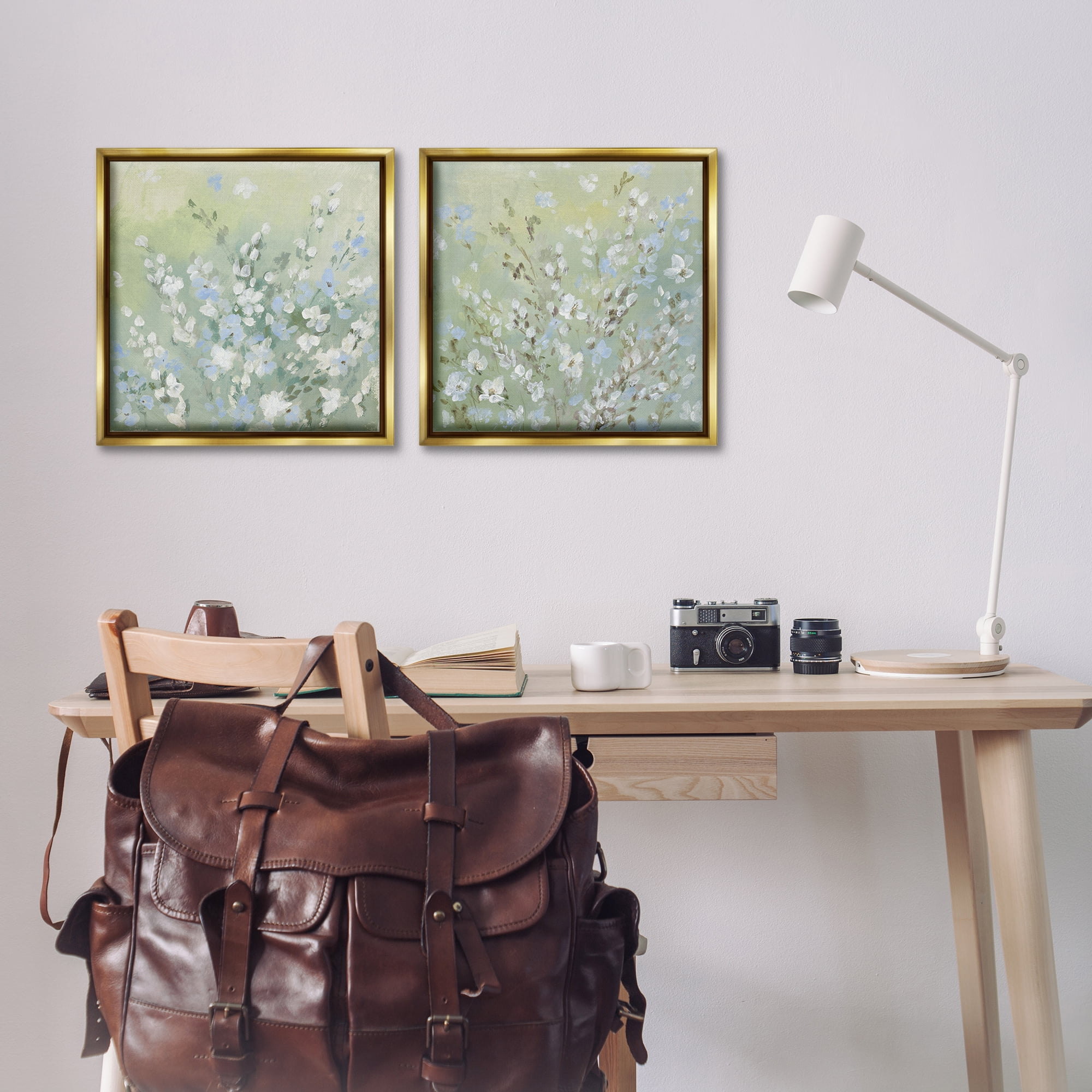Stupell Industries Wispy Willows Blooms Floral & Botanical Painting Gold Floater Framed Canvas Art Print Wall Art, 18 x 18, Set of 2