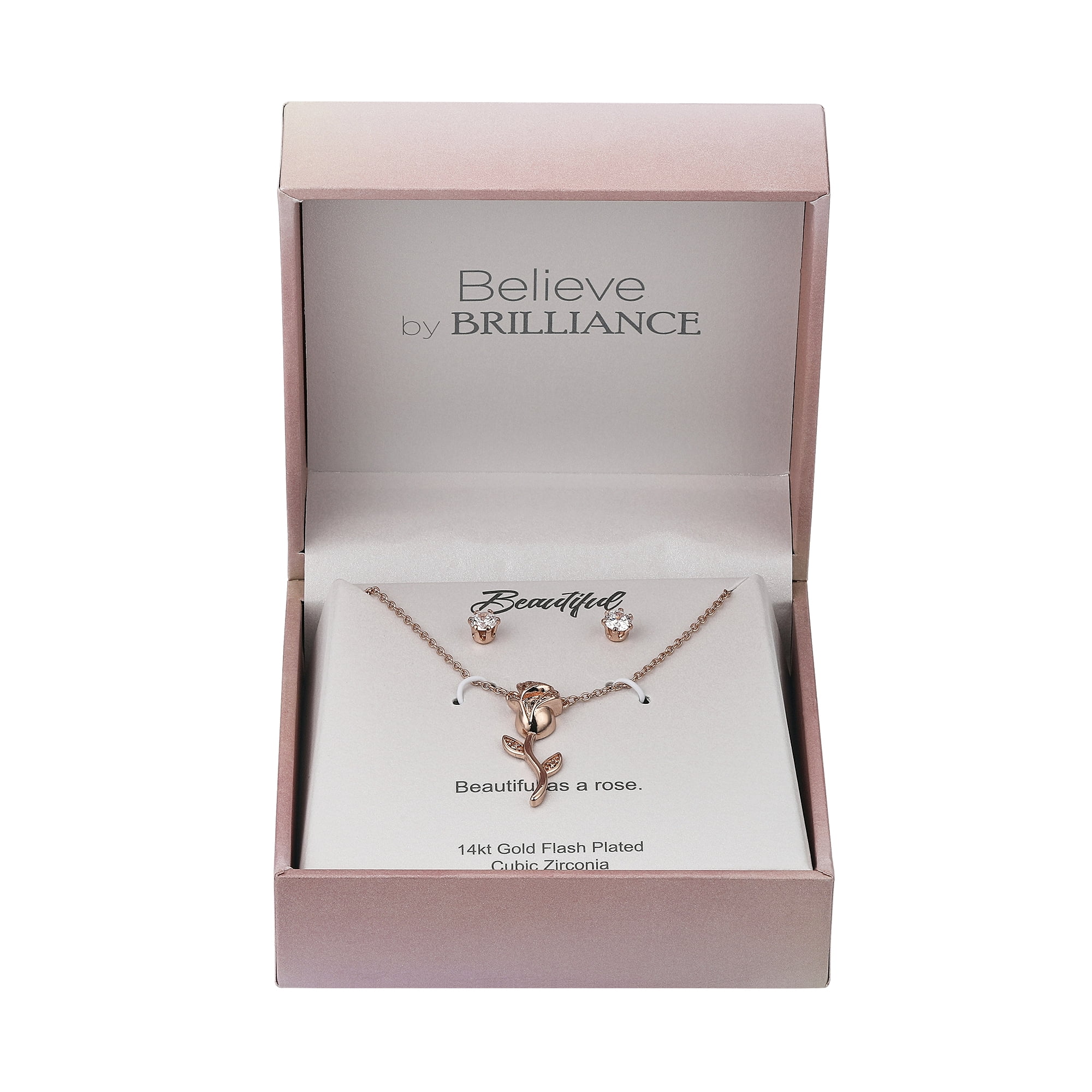 Believe by Brilliance Women's 14kt Gold Flash Plated Cubic Zirconia Rose Pendant Necklace and Stud Earring Set, 18+2" Extender