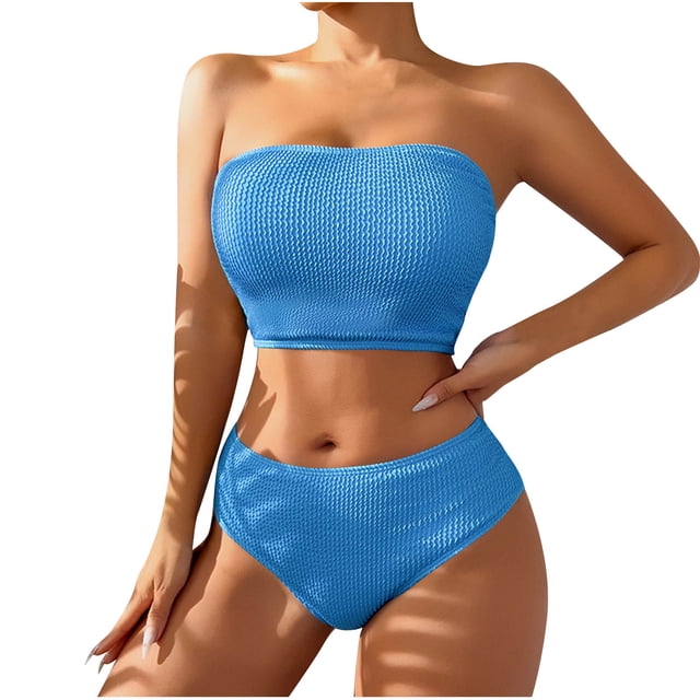 Conjunto de Bikini de Cintura Alta para las Mujeres Color Sólido sin Mangas Ondulación, Traje de Baño de Moda sin Espalda Sexy