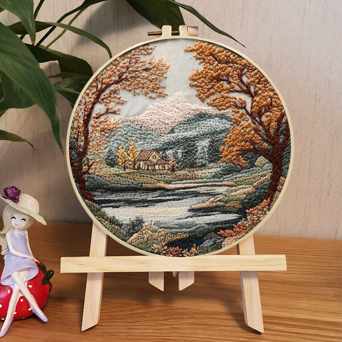 NEONWE 4 Set Embroidery Kit for Adult Beginner, with Landscape Tree Mountain Floral Nature Scenery Patterns Kits Boho Rustic Arts & Crafts Set, with Hoop, Colored Threads, Needles, and Instructions