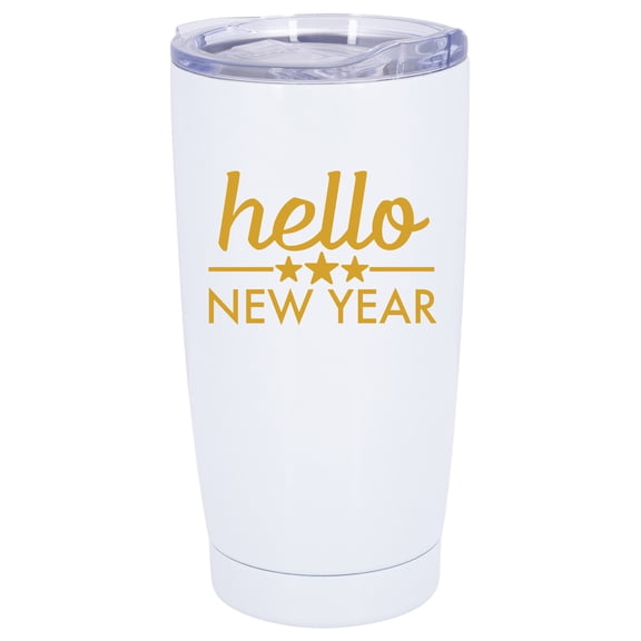 100 North 20 Ounce Stainless Steel On the Go Travel Tumbler With Push Top Lid, Hello New Year White
