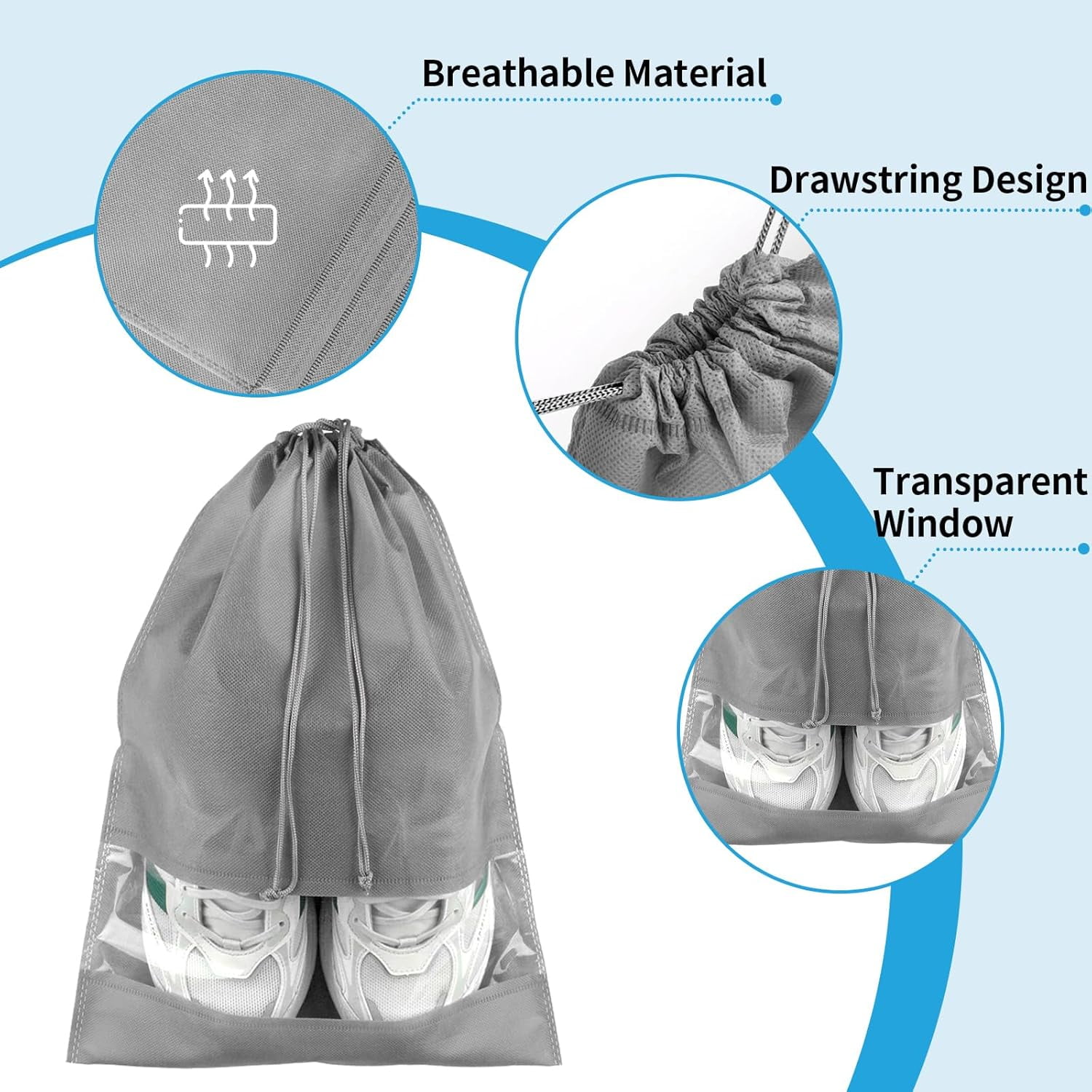 Large Black Travel Shoe Bags - 5 Pcs with Clear Window, Non-Woven Drawstring, 12.6" X 17.3" for Men Women