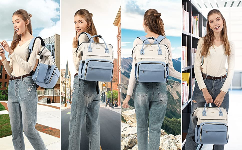 Lovevook Laptop Bag 15.6", Women Work Computer Bag Teacher Nurse Backpack Purse with USB, Waterproof Travel Backpack College Bookbag- Beige+Light Blue