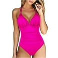 thumbnail image 1 of Tummy Control One Piece Bathing Suits for Women Shirred V Neck Halter Padded Swimsuits Monokini, 1 of 2
