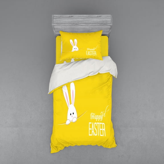 Ambesonne Yellow Bedding Set 3 Pcs, Easter Rabbit Bunny, Twin XL, Yellow White