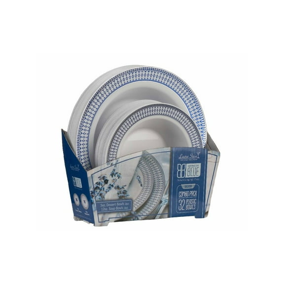 Party Source White w/ Blue and Silver Border Soup/Dessrt Bowls Party Plastic 32 Count