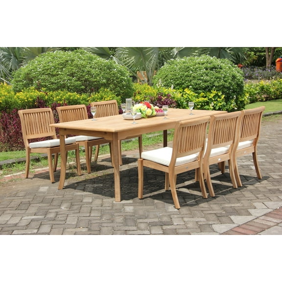 Teak Dining Set: 6 Seater 7 Pc: 117" Double Extensions Rectangle Dining Table & 6 Arbor Stacking Armless Chairs Outdoor Patio Grade-A Teak Wood WholesaleTeak #WMDSAB63