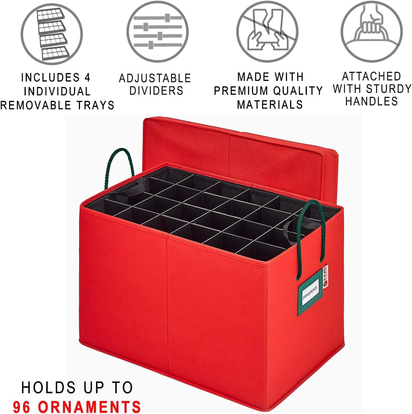 Hold N' Storage Under Bed Christmas Ornament Storage Box with Dividers and Trays - Fits Up to 96 - 3" Ornaments - Red
