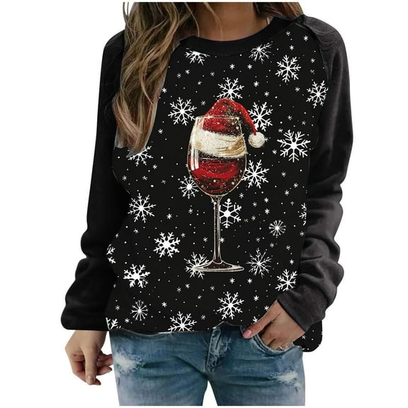 miqiqism Christmas Sweatshirts for Women Wine Glass Graphic Snowflake Print Shirts Juniors Casual Round Neck Raglan Long Sleeve Tops Loose Fit Tunic Blouses,B#01_Black,XX-Large