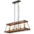 thumbnail image 3 of "Quickway Imports Brown Wooden Rectangle 5-Bulb Ceiling Hanging Light Fixture with Black Chain - Modern Style Lighting for Dining Room, Kitchen, Living Room or Bar - Farmhouse Industrial Chandelier", 3 of 8