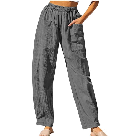 Cotton and Linen Casual Pants for Womens Plus Size Imitation Solid Color Drawstring Elastic Waistband Pocket Pants Up to 65% off!