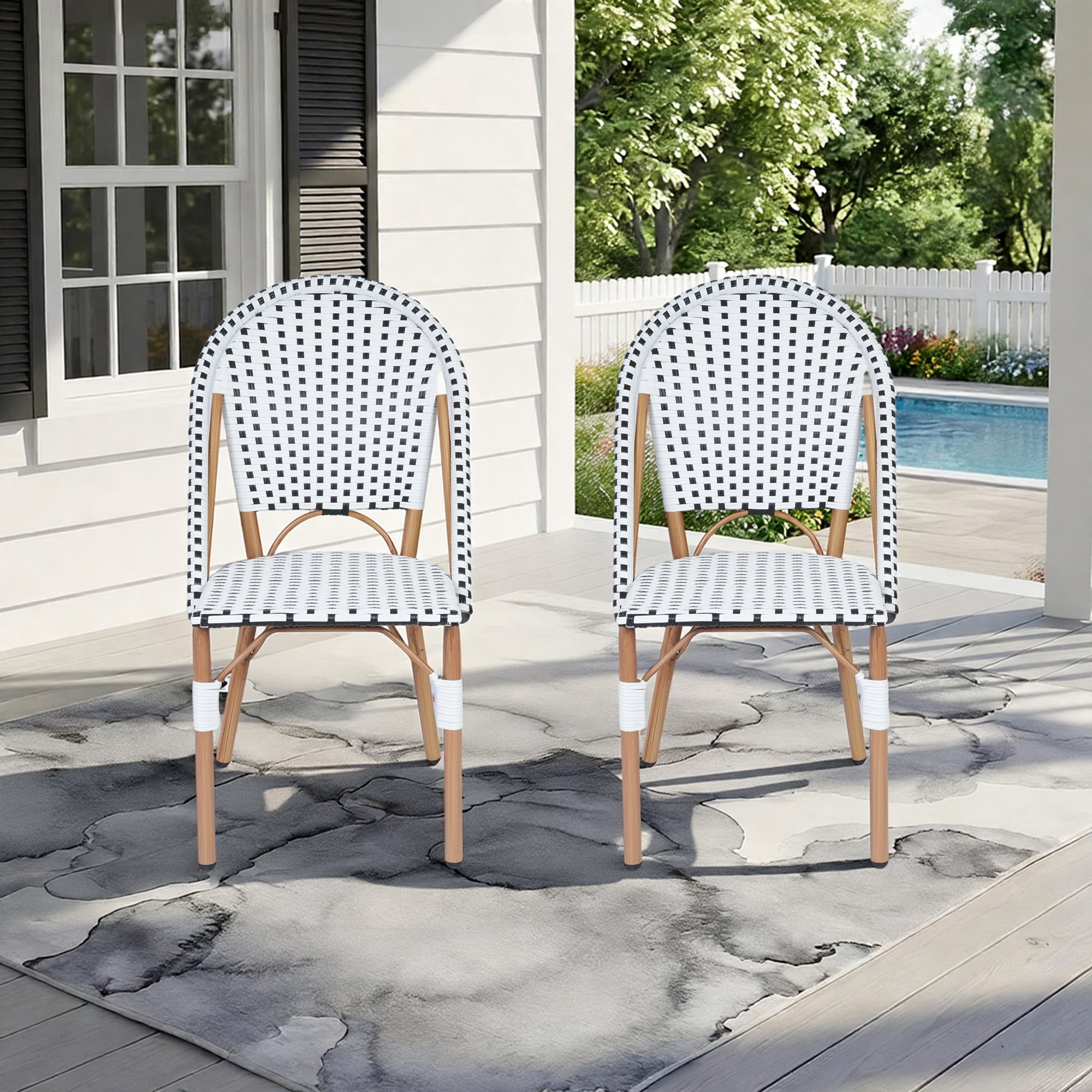 DELMANGO 2-Piece Wicker Outdoor French Bistro Chairs, Armless Patio Chairs, Stackable Dining Chairs with Metal Frame, White/Black