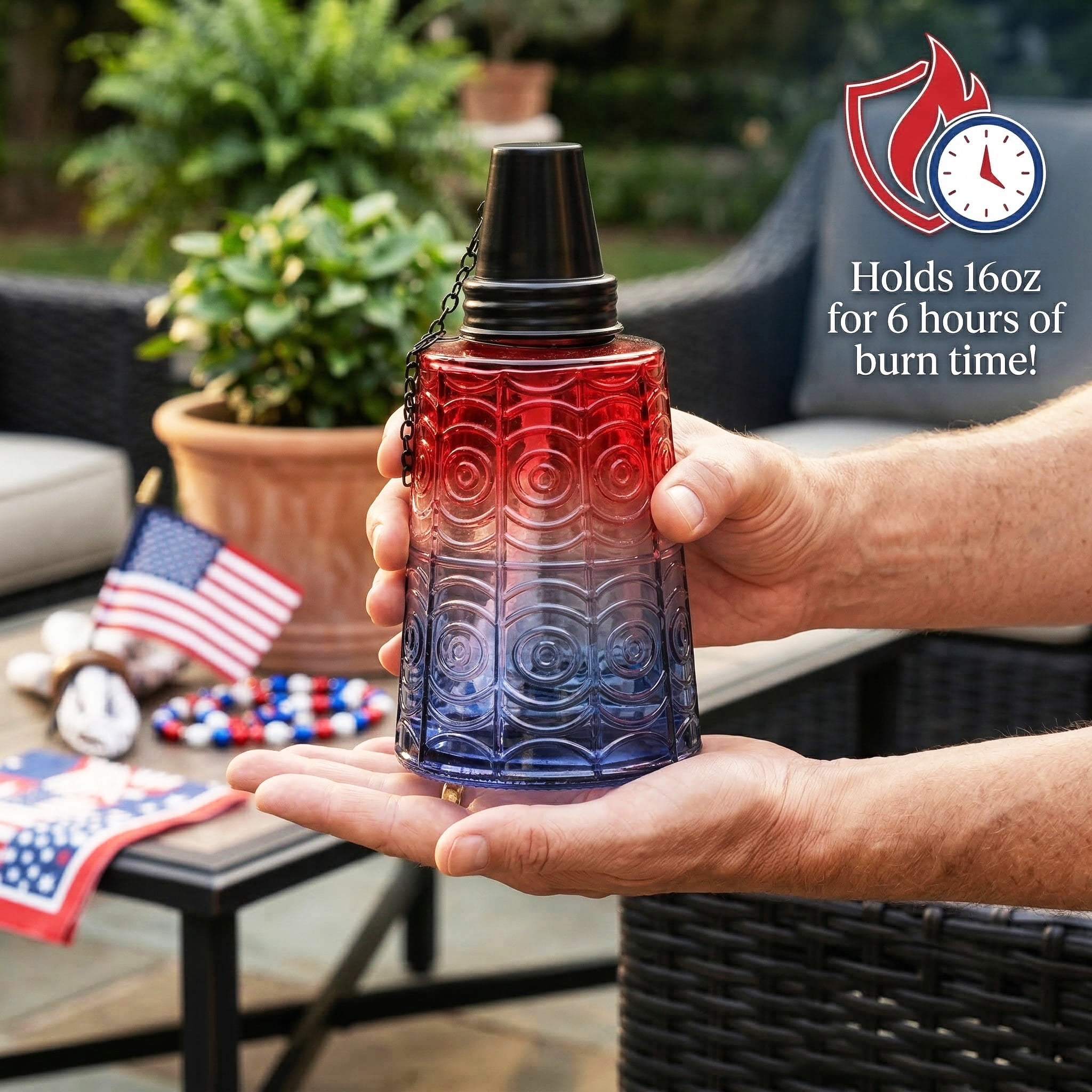 Seraphic Table Top Citronella Torches for Outdoor Patio, 16oz Decorative Glass Torch Citronella Oil Candles for Outside Deck, Garden, Parties, Set of 3, Red/White/Blue