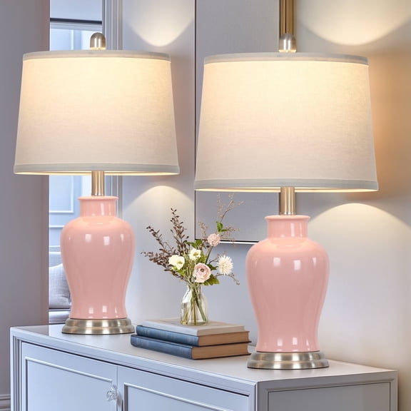 Cinkeda Pink Ceramic Table Lamps Set of 2 for Living Room Bedroom 23" Modern Ginger Jar Design Nightstand Bedside Lamps with White Shade
