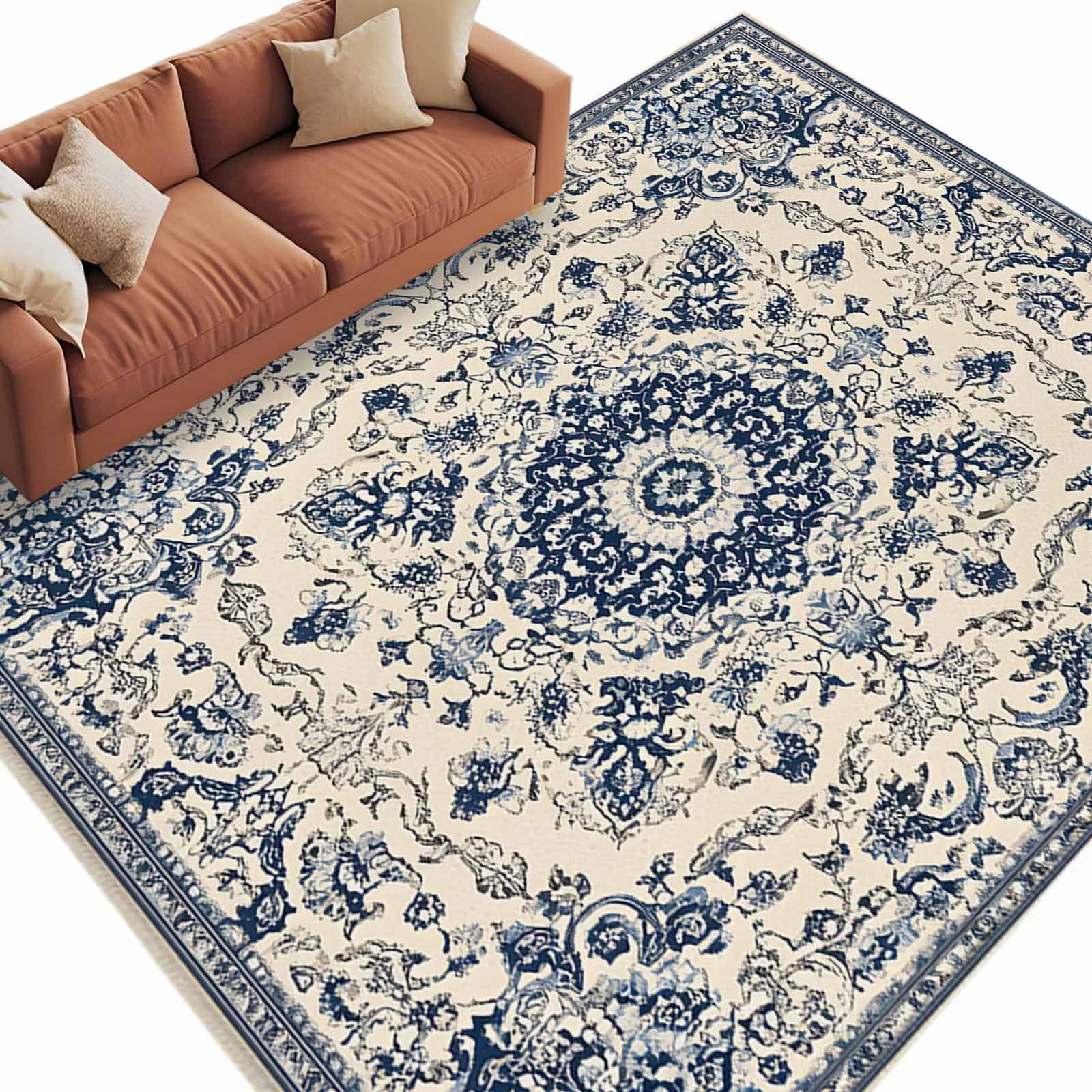 Vintage Farm Washable Area Rug 8 x 10 ft Blue Flowers Bohemian Style Farmhouse Soft Non Slip Rugs Stain Repellent Indoor Felt Carpet for Living Dining Room Bedroom Home Office