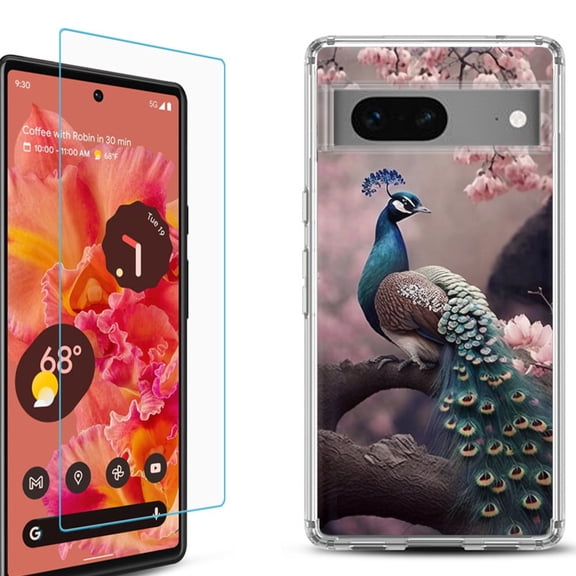OneToughShield ® for Google Pixel 7a Shockproof Bumper Phone Case, with Tempered Glass Screen Protector - Peacock Flower