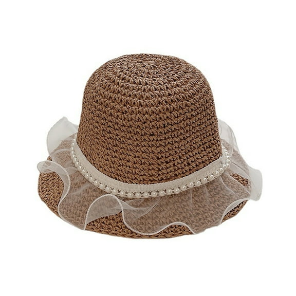 56-58cm hat circumference lace pearl straw hat female summer seaside sunshade woven sunscreen hatLight coffee color
