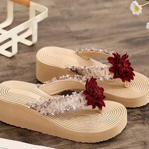 IEMIEMIEM Women's Cute Sandals 3D Floral Applique Woven Fabric Platform Wedge Flip Flops Thick Cushion Thong Sandals For Summer Beach Vacation Wear Wine 7.5 Wide