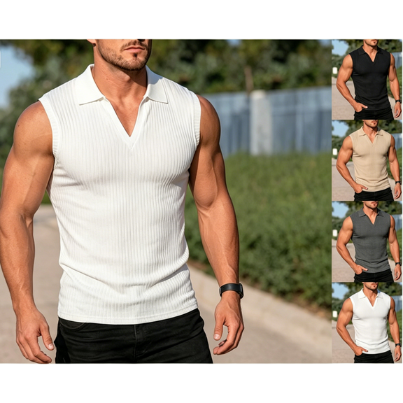Mens Casual Knitted Wool V Neck Sleeveless Polo Shirts Johnny Collar Summer Beach Textured Ribbed Tank Tops Big and Tall Size S-3XL White