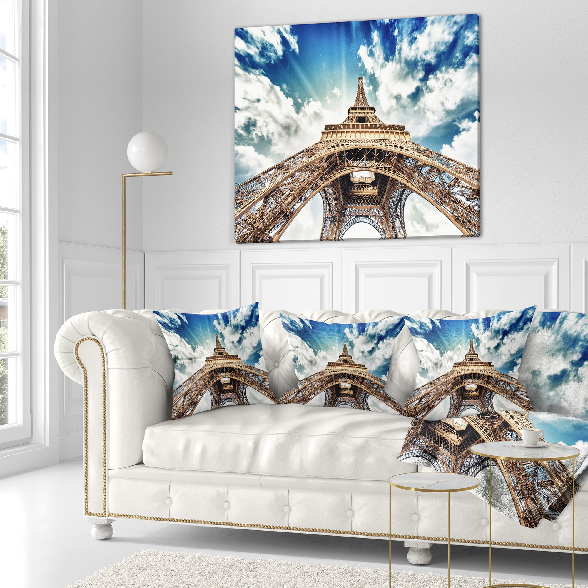Designart Paris Eiffel Towerwith Fast Moving Clouds - Photography Throw Pillow - 18x18