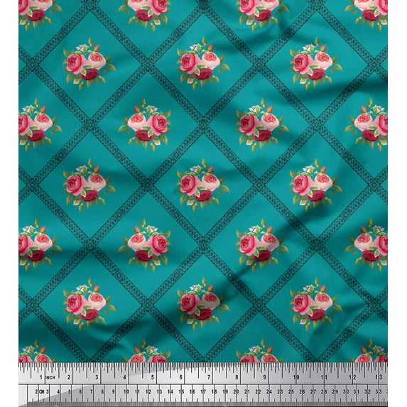 Soimoi Cotton Jersey Fabric Check,Leaves & Rose Floral Print Sewing Fabric Yard 58 Inch Wide