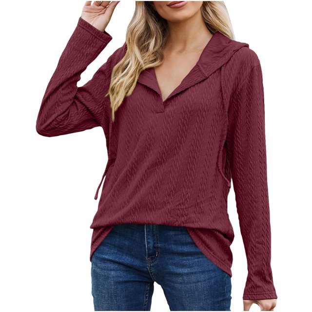 cfhntfmh Sweatshirt for Women Casual Fall Long Sleeve V Neck Collared Hoodies Comfy Lounge Drawstring Pullover Tops