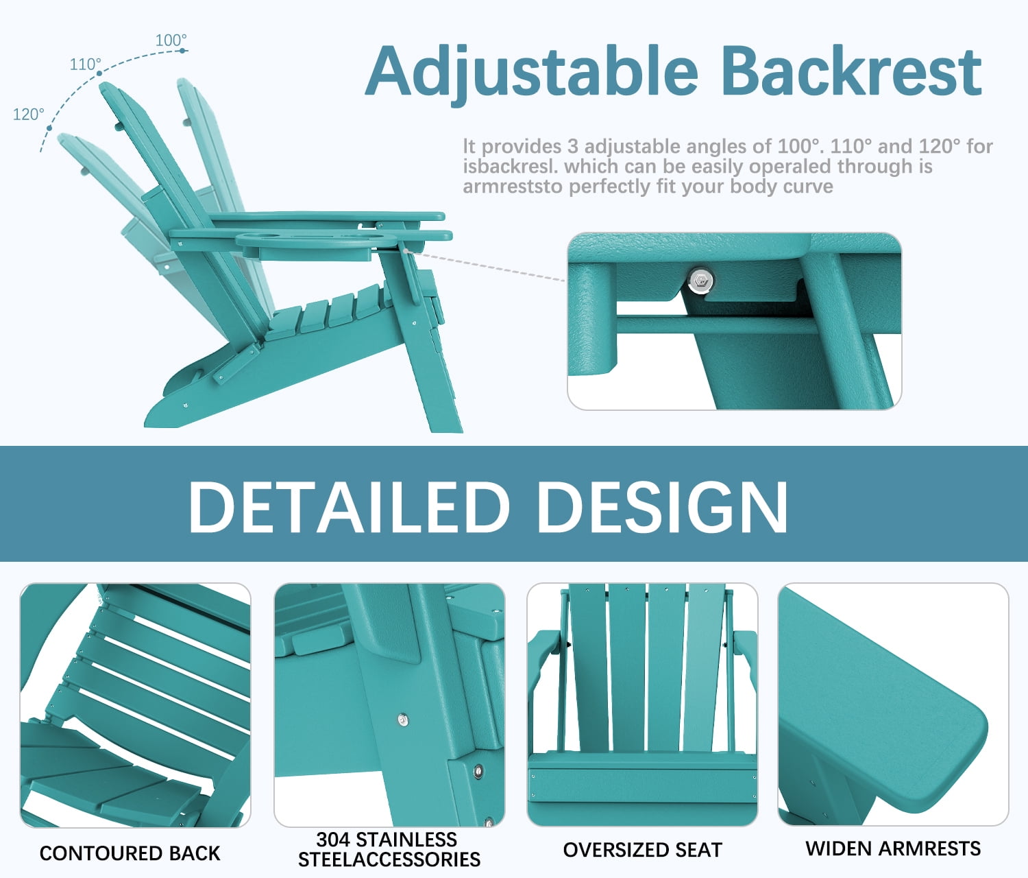 FOOWIN Adjustable Backrest Folding Adirondack Chair Set of 2, HDPE Weather Resistant Adirondack Chair with Cup Holder, Fire Pit Chair, Lake Blue