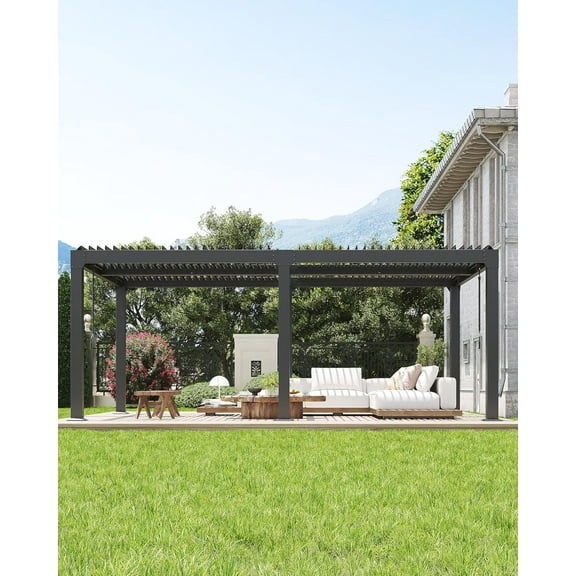 10' x 20' Louvered Pergola with Adjustable Roof, Heavy Duty Aluminum-Iron Outdoor Patio Gazebo for Backyard, Waterproof Garden Shelter with Integrated Drainage System, Grey