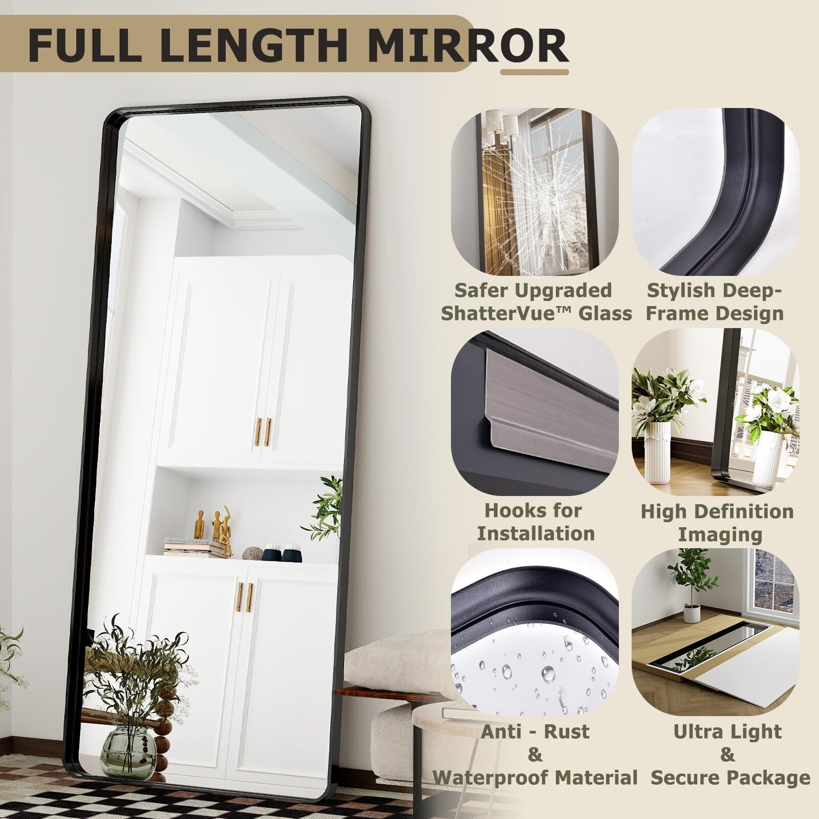 Lumora 71" x 30.2" Full-Length Mirror, Wall-Mounted Rectangular Dressing Mirror Black