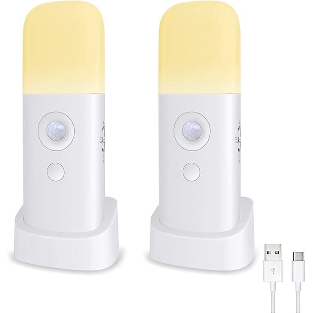 Liangnv Luz nocturna con sensor de movimiento para interiores, luces con pilas de 2000 mah, lámparas de mesa inalámbricas para niños, luces nocturnas LED regulables de 5 etapas par