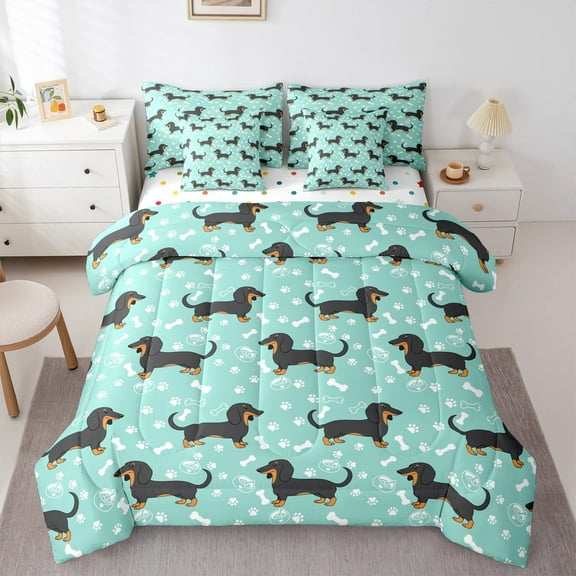 Manfei Kawaii Dachshund Kids Twin Bedding Sets 7-Piece, Cute Cartoon Dog Bedding Comforter Set, Animal Lover Reversible Sheet Sets, Super Cozy Room Decor