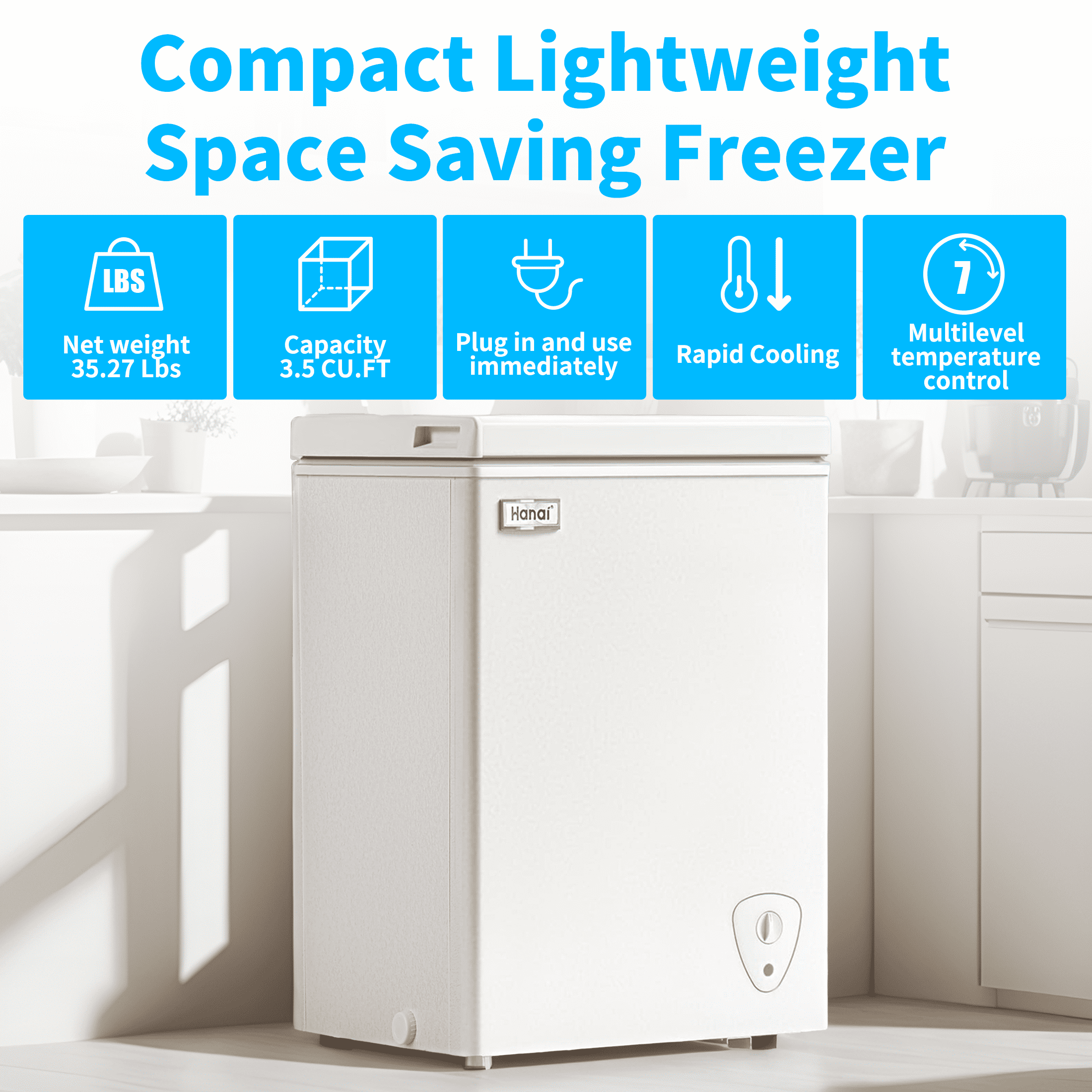 WANAI 3.5 Cu.ft,Chest Freezer,Deep Freezer,Removable Storage Basket Freezer,White