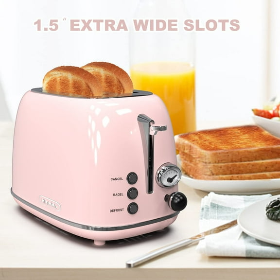 Retro Stainless Steel Toaster - 2 Slice, 6 Settings, 1.5 Inch Extra Wide Slots, Bagel/Defrost/Cancel Function, Removable Crumb Tray (Baby Pink)
