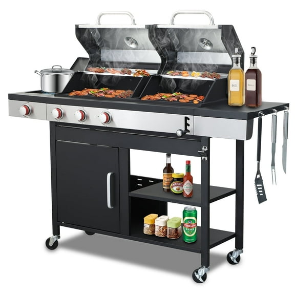 Nice Cooker Gas and Charcoal Combo Grill with Side Burner, 37,230 BTU Outdoor BBQ Grill with Porcelain-Enameled Cast Iron Grates and Plate, Thermometer, Storage Cabinet Rack for Outdoor Patio, Garden