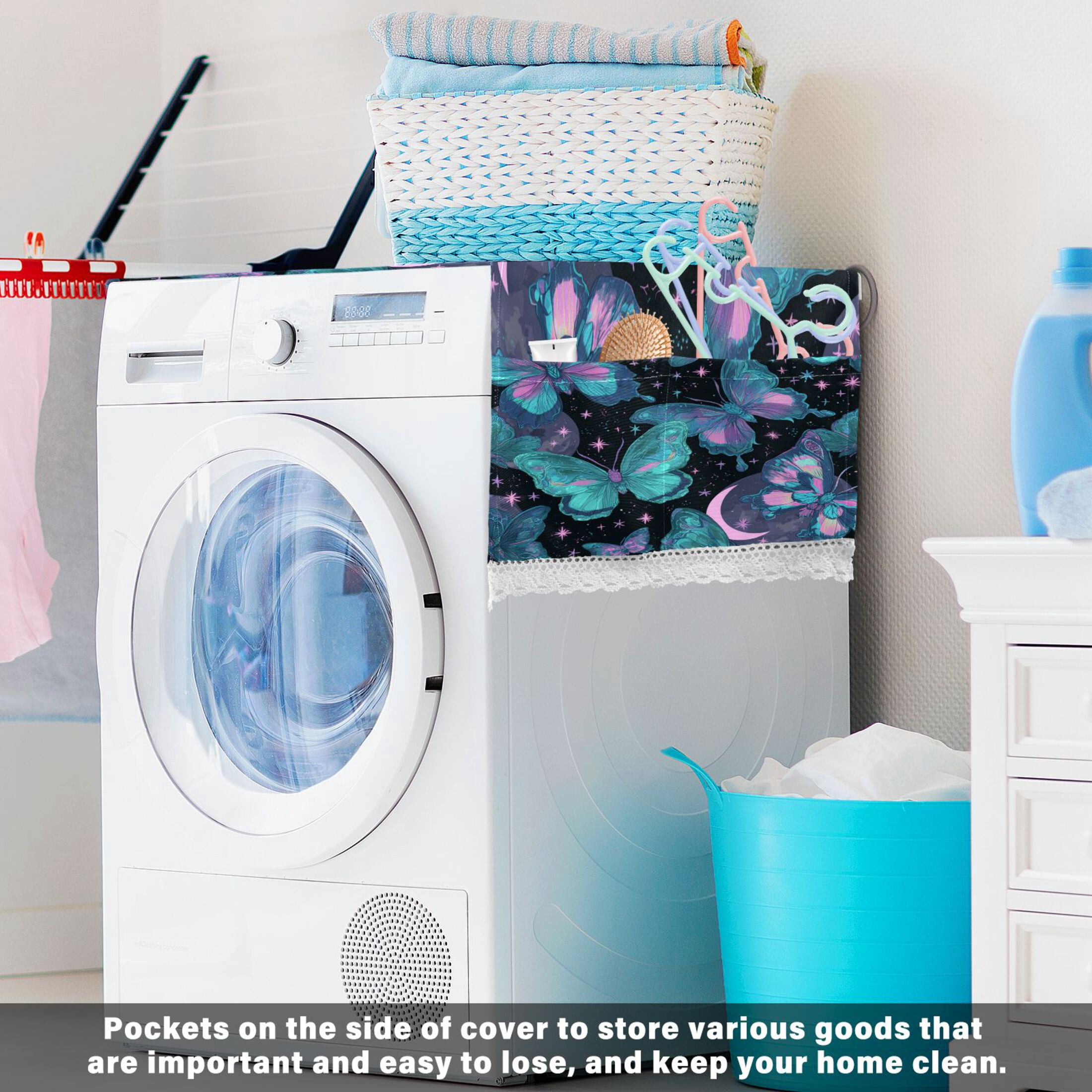 Wobogo Blue Green Butterfly Washing Machine Cover Dustproof Washer Dryer Cover Waterproof Laundry Room Decorative Protector
