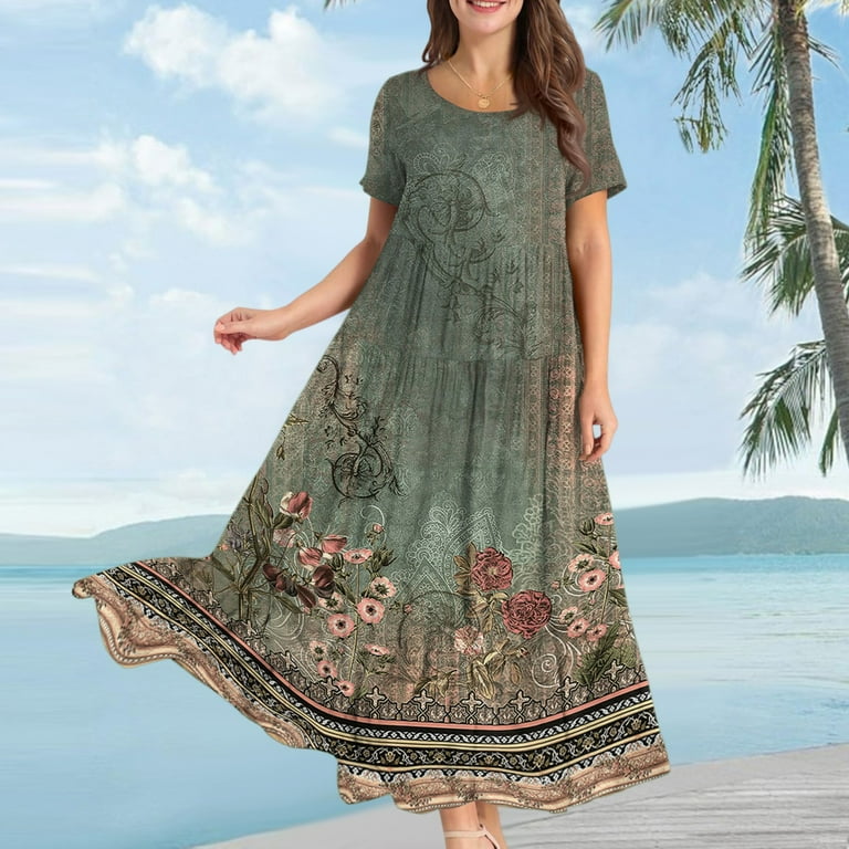 fitted lace wedding dress LOAIHA Womens Peasant Dress Boho Ethnic Floral Print Maxi Dress Summer  Casual Loose Fit Mexico Flowy Dresse with Pockets Summer Dresses for Women  2024 at Amazon Women's Clothing store main image 1