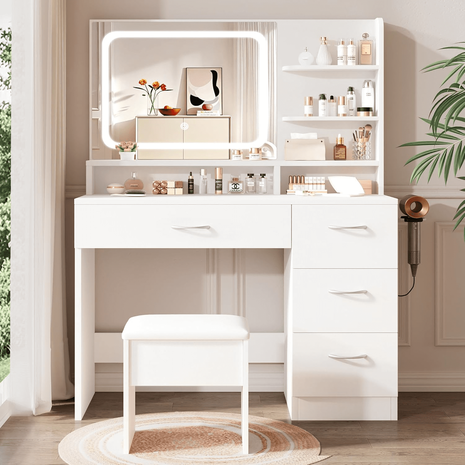 Elegant Vanity Includes Lighted Mirror And Storage Drawers; White Makeup Table For Women; Suitable For Various Settings Including Bedrooms, Living Rooms, And Dorms