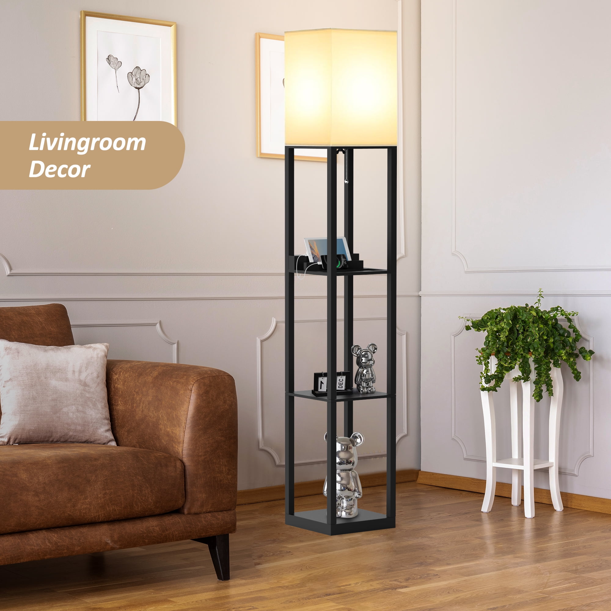 Jurulu LED USB Floor Lamp with Storage, 3 Color Temperatures, Solid Wood, 2 Charging Ports & Power Outlet, Matte Black