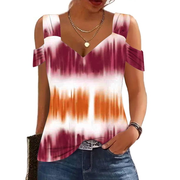 Fiudx Ropa de Mujer Blusas Plegables con Cuello En V para Mujer, Camisas con Hombros Descubiertos, Top de Manga Corta Estampado