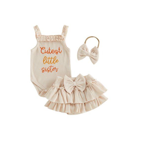 BemeyourBBs Baby Girl Cutest Little Sister Outfit Newborn Baby Girls Summer Clothes 0 3 6 12 18 Months Letter Embroidery Frills Sleeveless Waffle Romper Elastic Waist Ruffled Skirt Headband 3Pcs Set