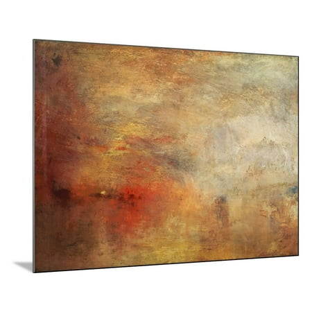 Art Oil Painting Impressionist Landscape - Sundown over a Lake, 1840 Orange Maritime Impressionist Abstract Coastal Landscape Painting Wood Mounted Print Wall Art By J. M. W. Turner