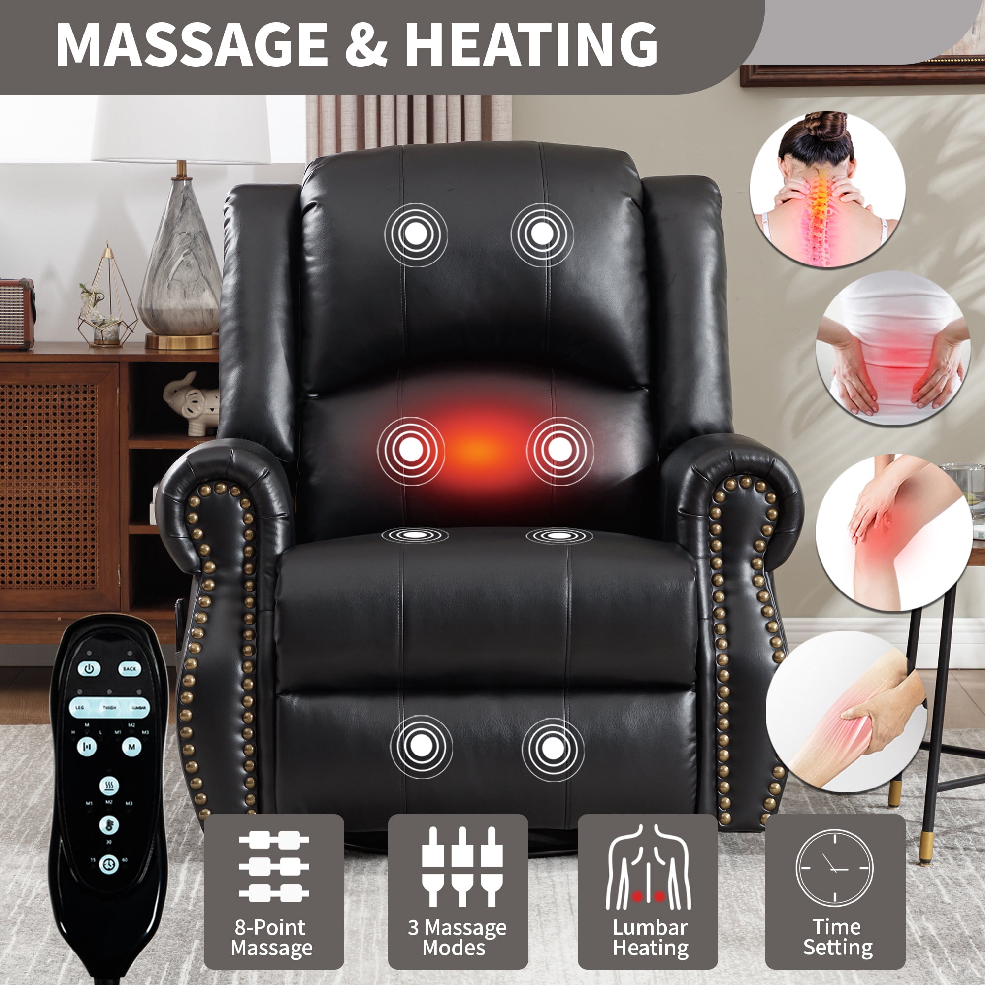 Leumius Oversized Swivel Recliner Chair for Adults,Swivel Rocker Recliner with Vibration Massage and Lumbar Heating for Living Room,Rivet Design,Black