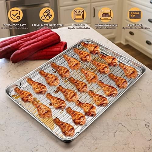 Cookie Sheet With Rack Set Half Baking Pan Stainless Steel Rimmed Tray Wire Cooling Roasting Broiling Dishwasher Safe